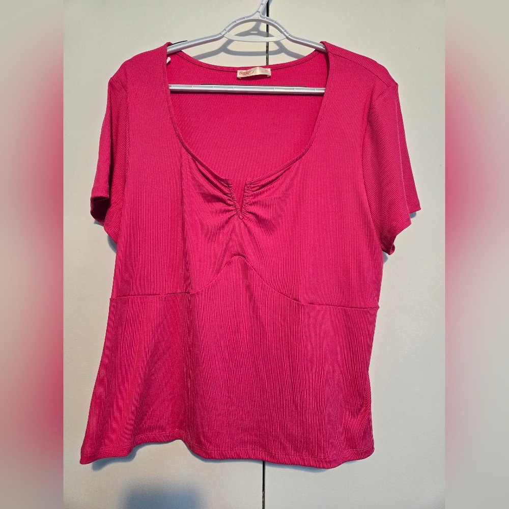 Intempo Hot Pink Ribbed Top 2X Short Sleeve Stretchy Plus Size Blouse